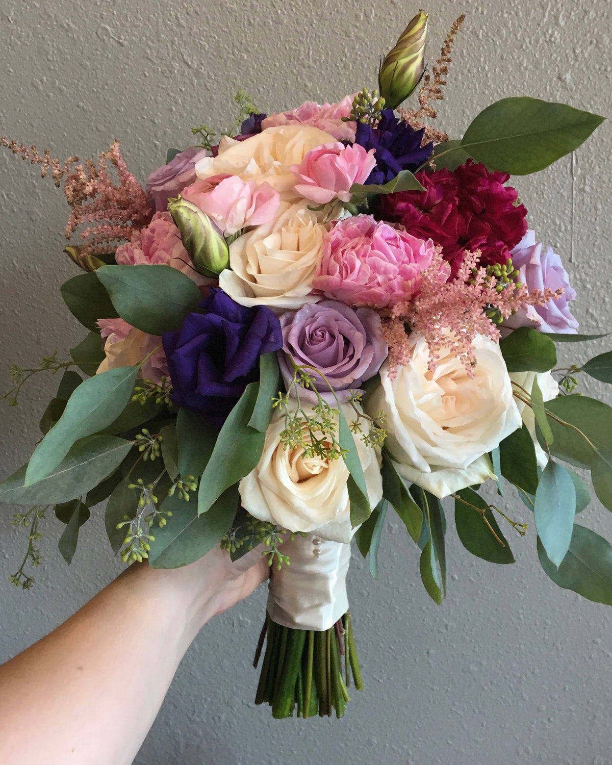Bridal Bouquet with Roses, Lysianthus, Eucalyptus