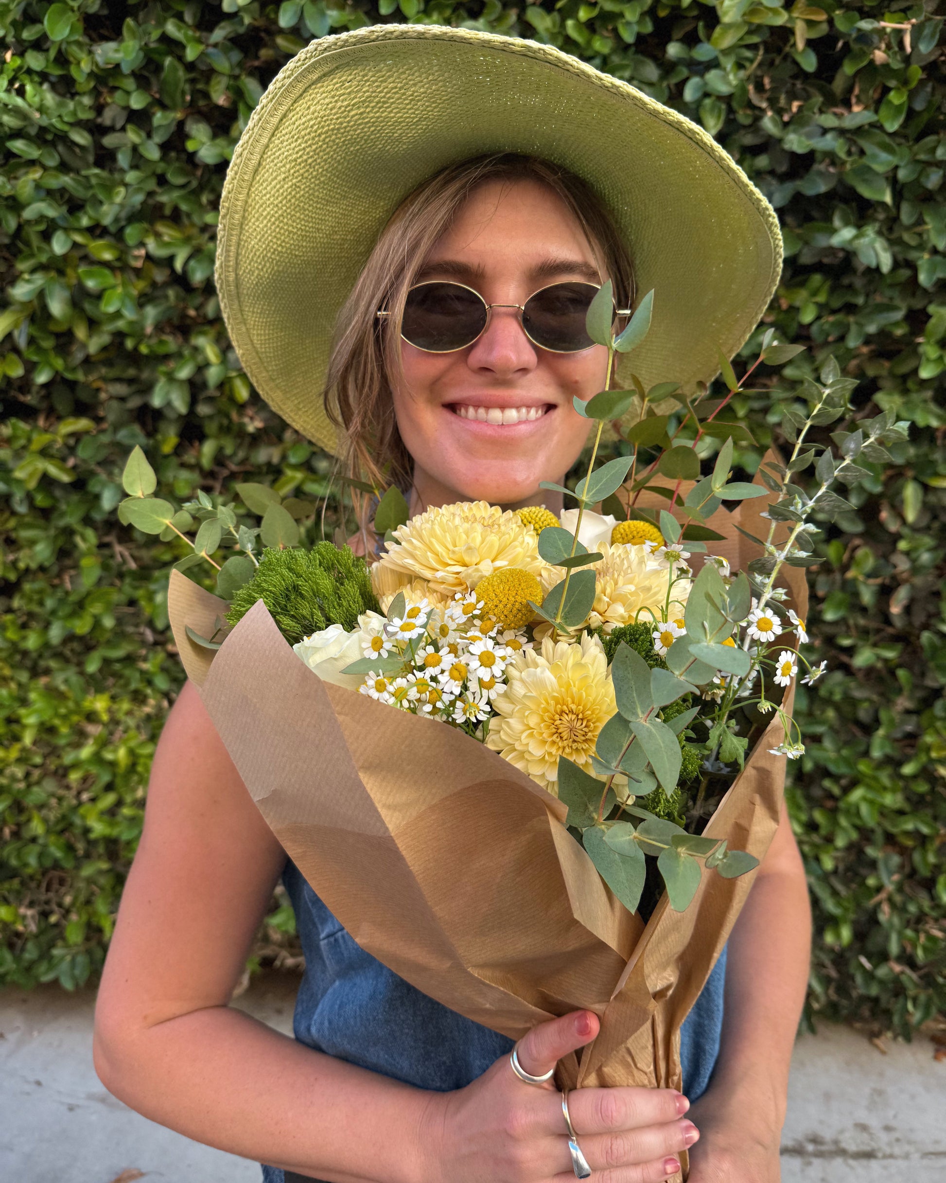 Superbloom Floral, Southern California Mobile Flower Shop wrap bouquet of flowers made with roses, mums, chamomile, and eucalyptus.