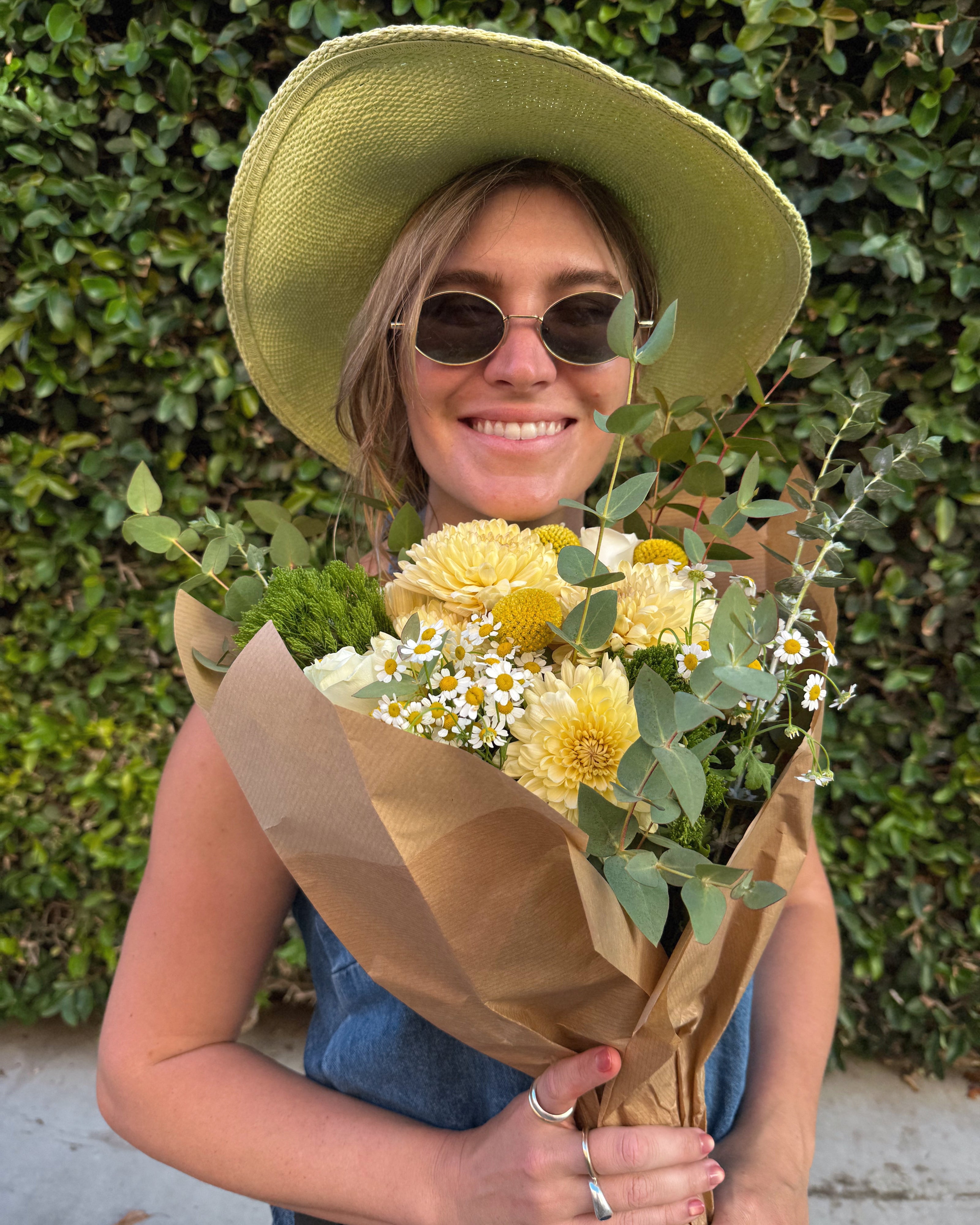 Superbloom Floral, Southern California Mobile Flower Shop wrap bouquet of flowers made with roses, mums, chamomile, and eucalyptus.